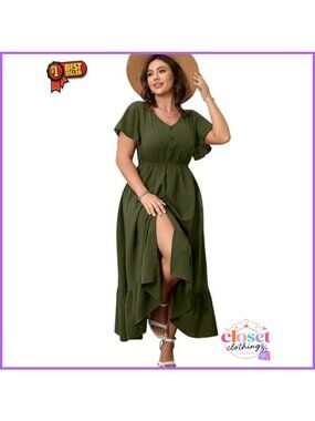 Plus Size Maxi Dress V Neck Short Sleeve Button Trim Split Casual